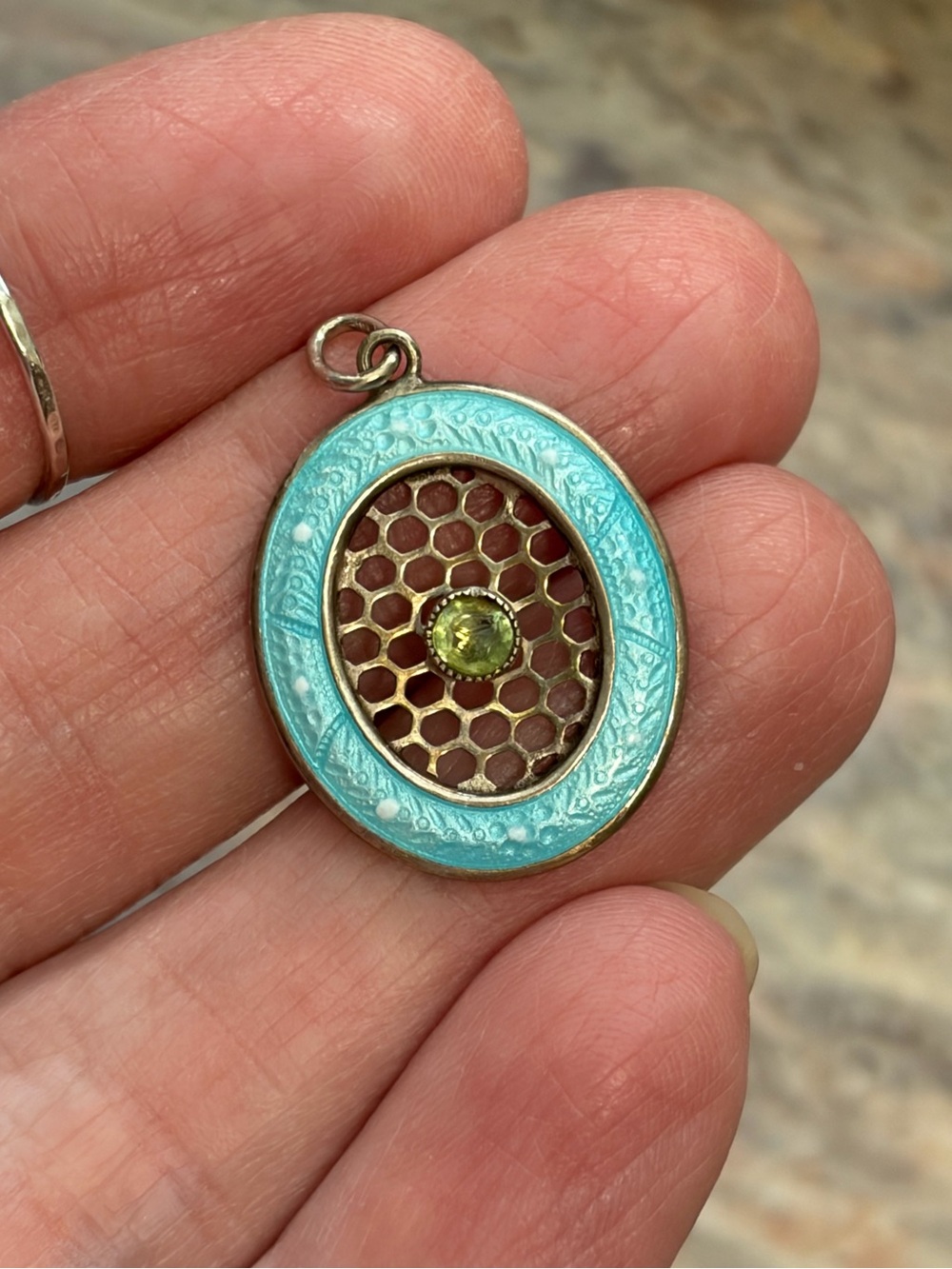 Art Deco Sterling Silver Light Blue Guilloche Enamel, Glass CabochonOval pendant - Picture 6 of 9
